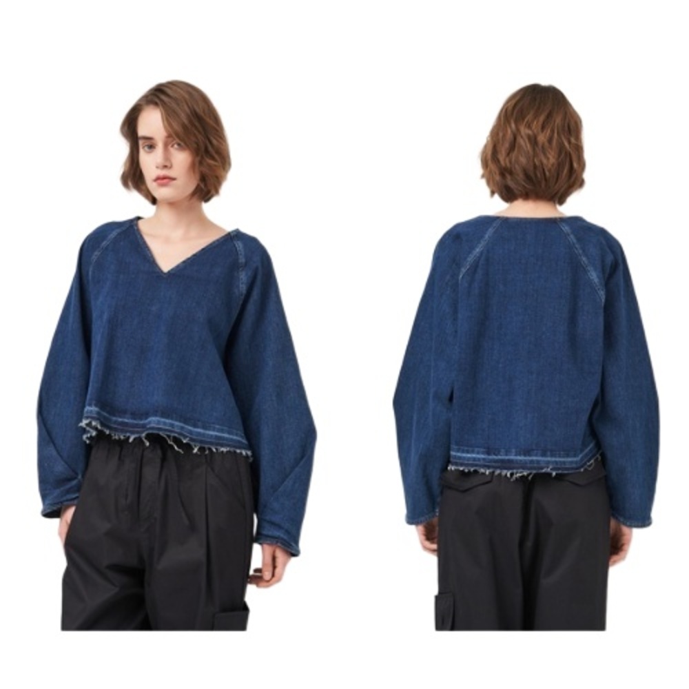 Zara Women's Blue Frayed Hem V-neck Long Sleeve Denim Blouse Top Size Small